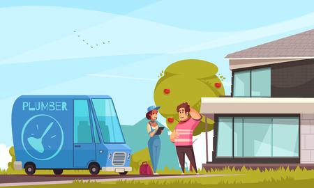 Plumber service arrival cartoon composition with client outdoor his modern house vehicle instruments bag lady vector illustrationのイラスト素材