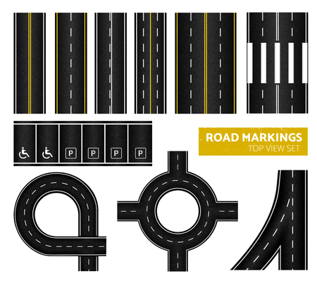 Black road markings top view icon set with different marking white and yellow vector illustrationのイラスト素材