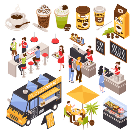 Isometric coffee house barista set with isolated human characters bar counter with seats menu and cups vector illustrationのイラスト素材
