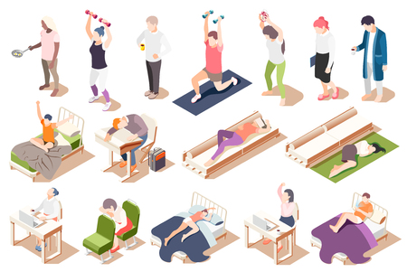 Human circadian rhythms isometric icon set with fatigue lack of sleep drowsiness vector illustrationのイラスト素材