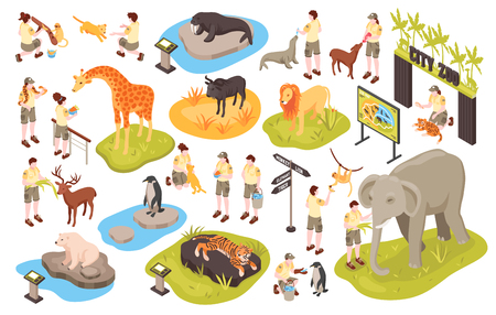 Isometric zoo set with isolated images of animals human characters of personnel and animal park items cector illustrationのイラスト素材