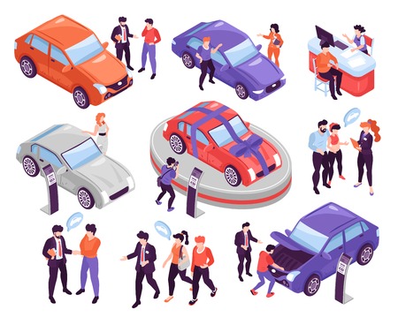 Isometric icons set with people discussing and choosing cars in show room isolated on white background 3d vector illustrationのイラスト素材