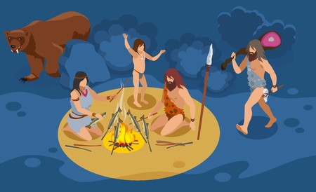 Stone age family isometric composition with hunting and cooking  symbols vector illustrationのイラスト素材