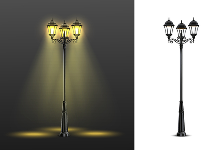 Two realistic street lights composition set with multicolored and black and white compositions vector illustrationのイラスト素材