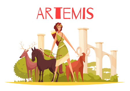 Greek goddess flat composition with cartoon characters of artemis holding bow and group of animals vector illustrationのイラスト素材