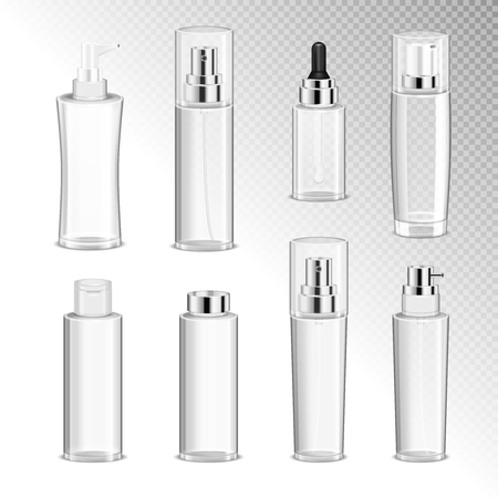 Cosmetics spray bottles with dispenser isolated icons set on transparent background vector illustration のイラスト素材