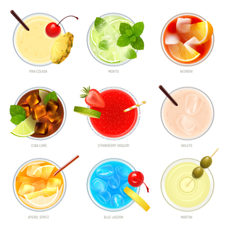 Realistic cocktails top view set with nine isolated images of cocktail glasses with toppings and text vector illustrationのイラスト素材
