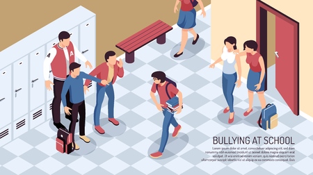 Isometric teenager horizontal composition with view of school passage with teenage human characters and editable text vector illustrationのイラスト素材