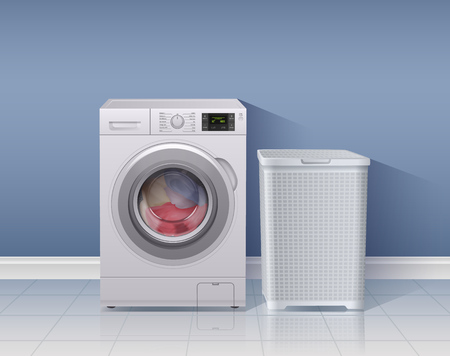 Washing machine realistic background with laundry equipment symbols vector illustrationのイラスト素材