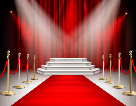 Red carpet celebrities event realistic composition with white stairs podium spotlights carmine satin curtain background vector illustrationのイラスト素材