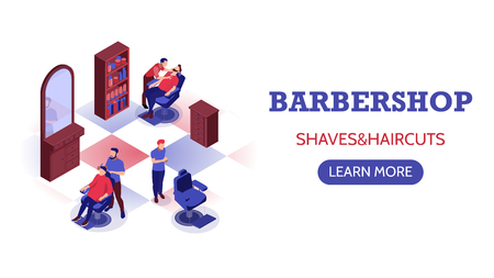 Isometric horizontal banner with stylists doing haircut and shaving beard in barbershop 3d vector illustrationのイラスト素材