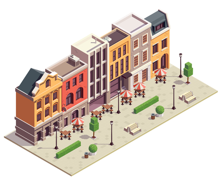 Modern city street isometric view with 5 colorful terraced houses lanterns benches outdoor bistro tables vector illustrationのイラスト素材
