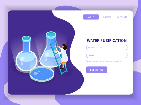 Water purification isometric colored composition with water purification button get started and registration form vector illustrationのイラスト素材