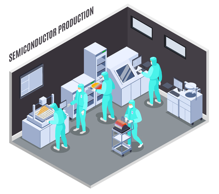 Semicondoctor production composition with technology and laboratory symbols isometric vector illustrationのイラスト素材