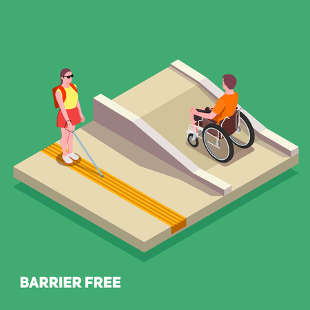 Inclusive education composition with boy in wheelchair and girl with white cane 3d isometric vector illustrationのイラスト素材