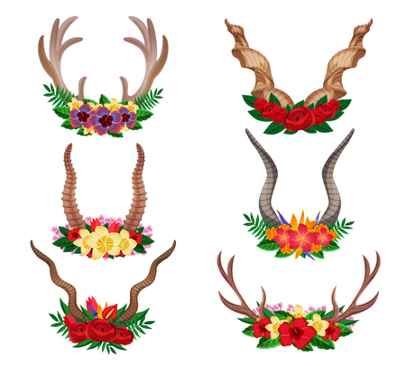 Wild animals dear mountain goat moose ornamental floral horns set decorated with flower arrangements isolated vector illustrationのイラスト素材