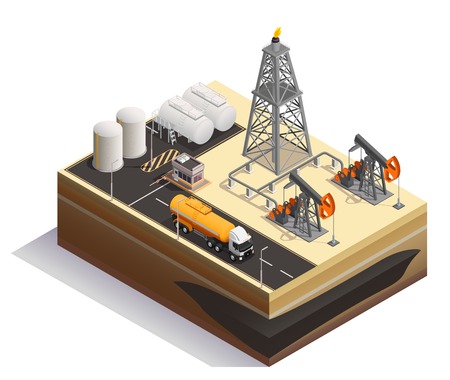 Oil petroleum extraction transportation production industry isometric composition  with pump jacks drilling rigs derrick tanks vector illustrationのイラスト素材