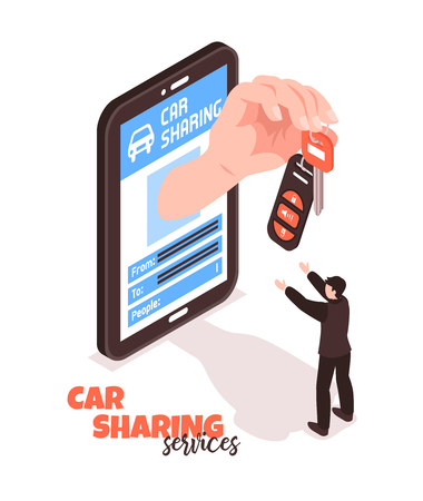 Car sharing service isometric concept with man taking keys 3d vector illustrationのイラスト素材