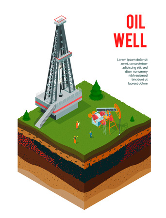 Isometric oil industry background with editable text and view of ground layers with oil derrick constructions vector illustrationのイラスト素材