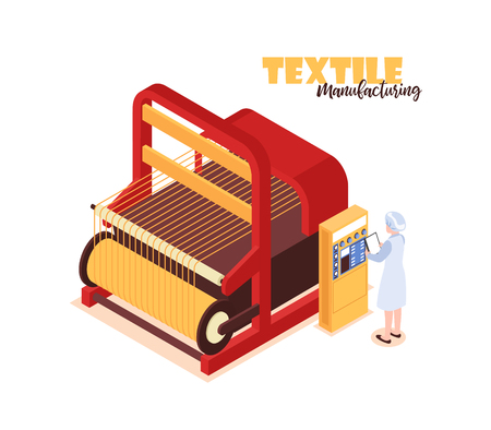 Isometric colorful concept with textile factory worker standing near big weaver loom 3d vector illustrationのイラスト素材