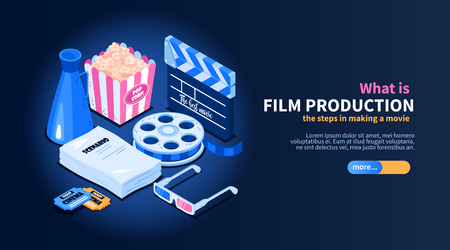 Isometric movie cinema flowchart concept with images of random cinema-related items text and slider button vector illustrationのイラスト素材