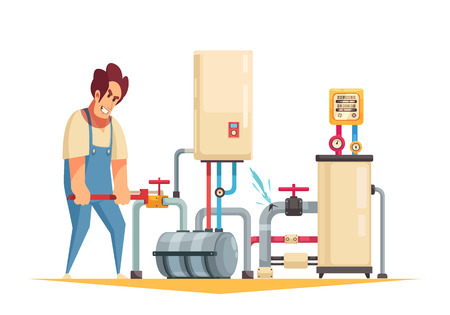 Boiler repair plumber service flat cartoon composition with fixing burst pipes turning off water valve vector illustrationのイラスト素材