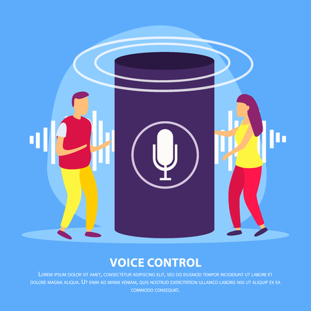 Smart speaker with voice control flat background with young couple demonstrating device for their smart home vector illustrationのイラスト素材