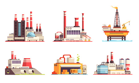 Industrial buildings flat set of petroleum industry power plants power stations oil offshore platform isolated vector illustrationのイラスト素材