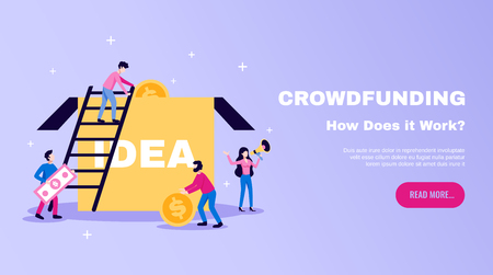 Crowdfunding money raising essentials horizontal flat website banner with ideas box and read more button vector illustrationのイラスト素材