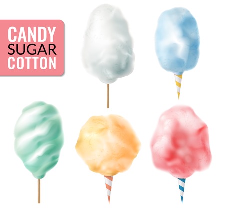 Realistic candy sugar cotton set with isolated images of colourful confectionery candyfloss sticks on blank background vector illustrationのイラスト素材
