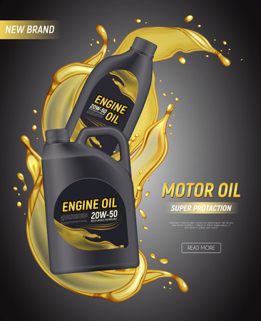 Realistic motor oil poster ads with editable text canister package splashes and drops of engine oil vector illustrationのイラスト素材