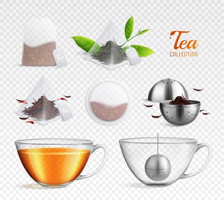 Tea brewing bag realistic transparent icon set with different elements on transparent background vector illustrationのイラスト素材