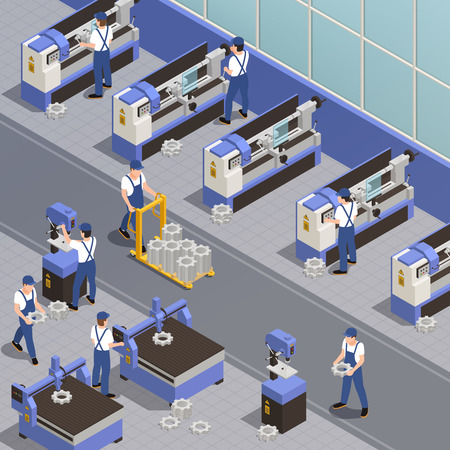 Industrial machinery background with plant equipment symbols isometric vector illustrationのイラスト素材
