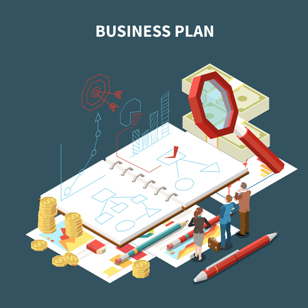 Isolated isometric business strategy composition with business plan description and abstract items vector illustrationのイラスト素材