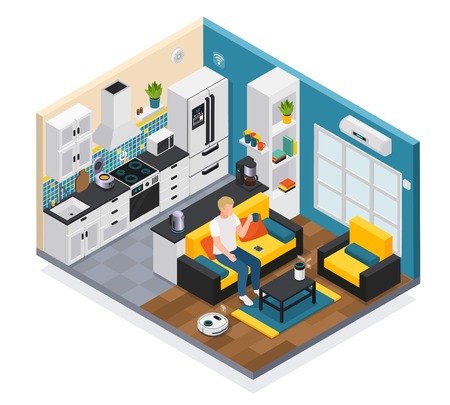 Smart home interior isometric composition with iot internet of things remote controlled kitchen living room devices vector illustrationのイラスト素材