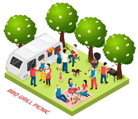 Bbq grill picnic isometric composition with outdoor scenery trees and living trailer with  friends basket lunch vector illustrationのイラスト素材