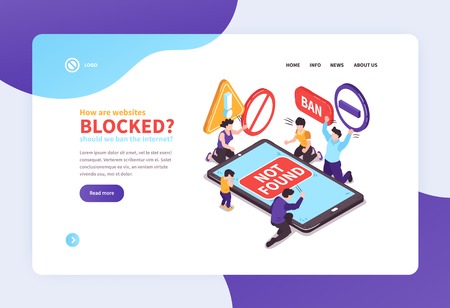 Isometric banned website concept banners web site landing page design background with text links and images vector illustrationのイラスト素材