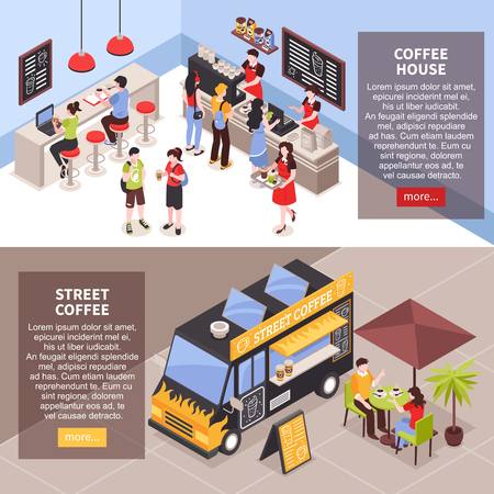 People having snack in coffee house indoors and outdoors isometric banners set 3d isolated vector illustrationのイラスト素材