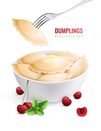 Dumplings ravioli manti colored realistic composition vareniki with cherry filling in a plate vector illustrationのイラスト素材