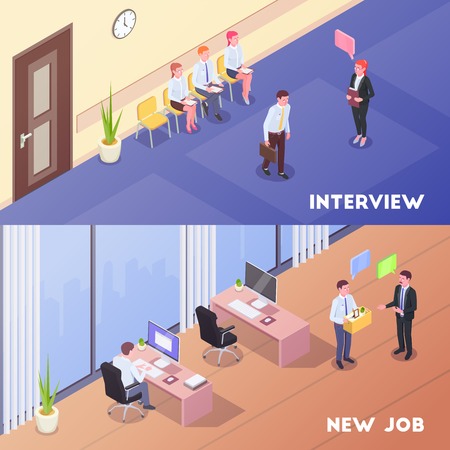 Recruitment isometric set of two horizontal background compositions with indoor office looks human characters and pictograms vector illustrationのイラスト素材