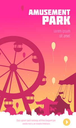 Amusement park poster with ferris wheel carousel and circus tent silhouettes at sunset background vector illustration のイラスト素材
