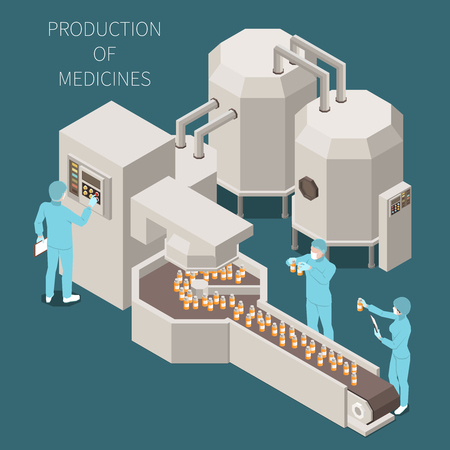 Pharmaceutical production isometric colored composition with production of medicines descriptions and working process in the lab vector illustrationのイラスト素材