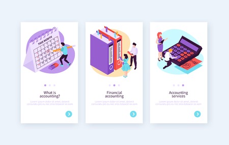 Set of three isometric accounting vertical banners with editable text clickable button and switchable conceptual images vector illustration