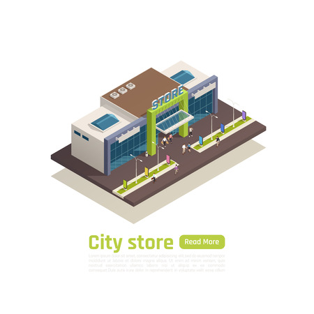 Store mall shopping center isometric composition with city store headline and green read more button vector illustrationのイラスト素材