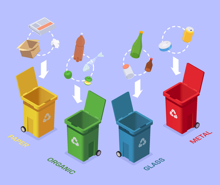 Garbage waste recycling isometric composition with conceptual images of colourful bins and different groups of rubbish vector illustrationのイラスト素材