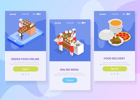 Online food delivery isometric vertical banners set with chefs cooking italian dishes 3d isolated vector illustrationのイラスト素材