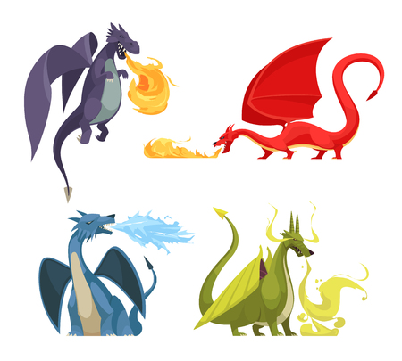 Funny colorful fire breathing dragons 4 icons concept with purple red green blue monsters cartoon vector illustrationのイラスト素材