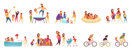 Set of cartoon icons family active holidays parents with kids in various activity isolated vector illustrationのイラスト素材