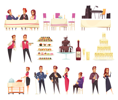 Banquet set of cartoon icons service staff and guests food music equipment interior elements isolated vector illustrationのイラスト素材