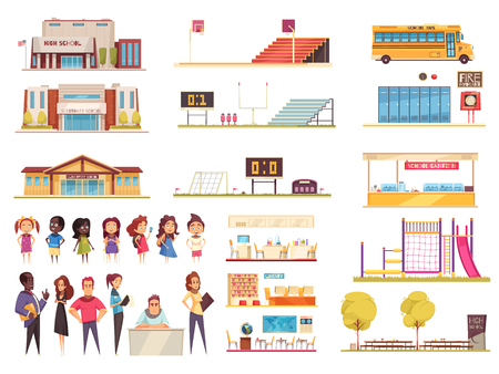 School territory elements classes library and canteen teachers and pupils set of cartoon icons isolated vector illustrationのイラスト素材